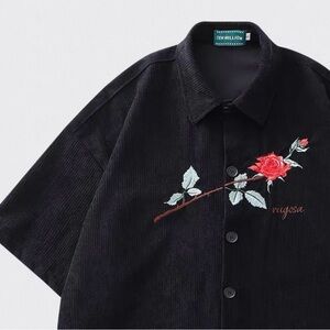Black Floral Embroidered Men's Casual Shirt